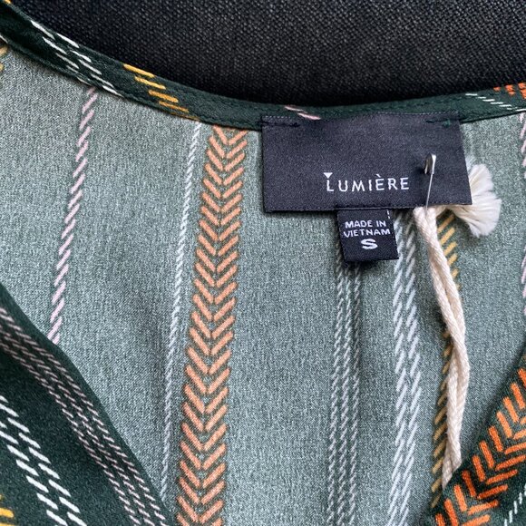 NWT Lumiere Satin Wrap V-Neck Top, Green Rust Yellow White Striped, Size S - Picture 5 of 8